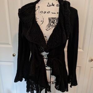 Lightweight Black Woven Cardigan with Tie Waist